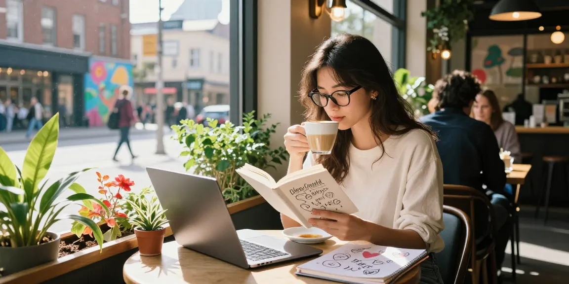 Young woman enjoys reading a novel about crush on romance in a sunny café setting.