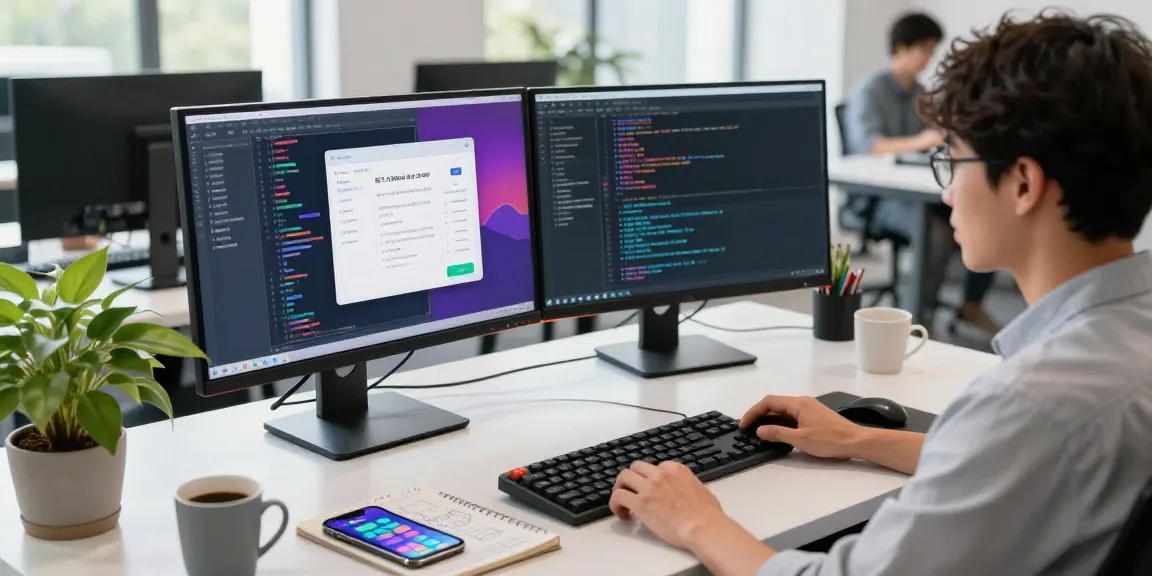 Developer coding the 纸飞机中文版 app at a modern workspace with dual monitors.
