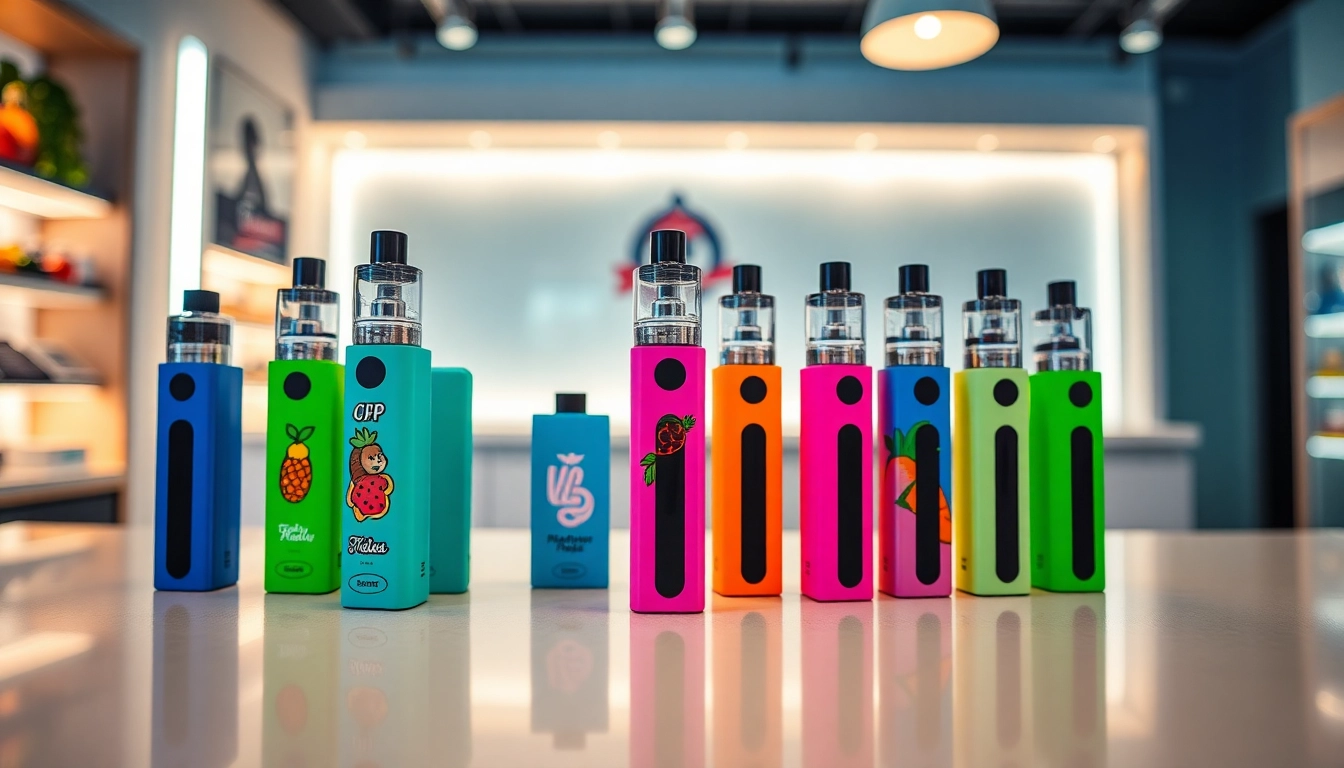 Showcasing colorful disposable vape devices arranged aesthetically in a modern vape shop.