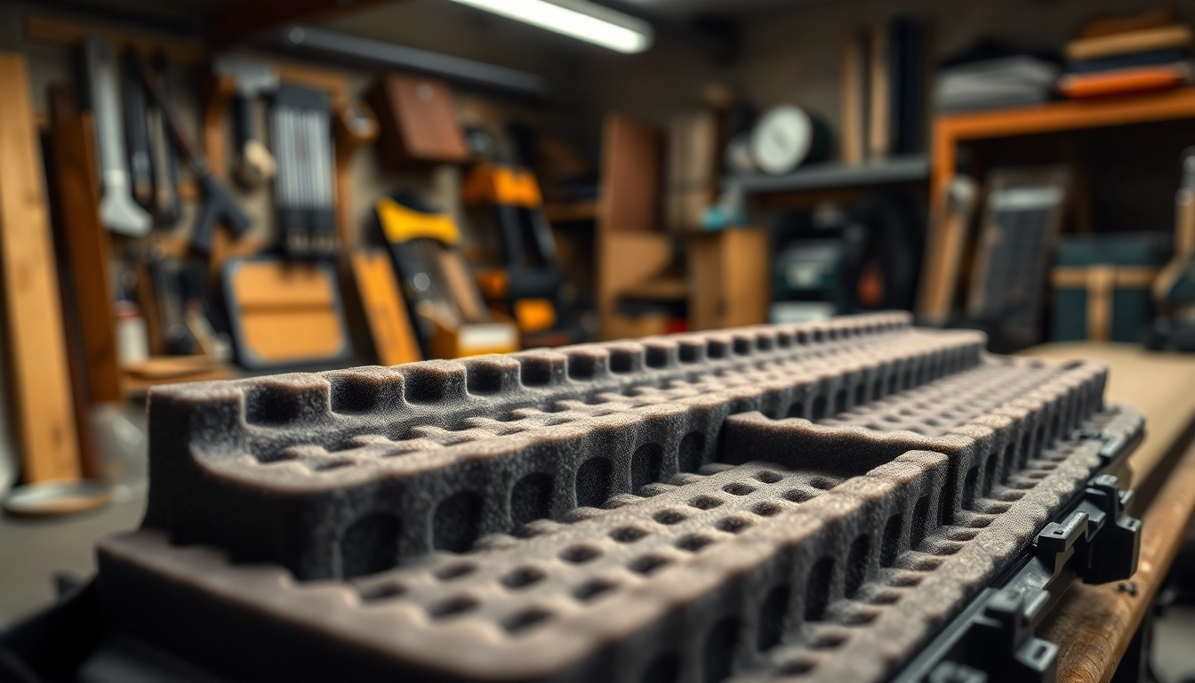 Showcase of foam for rifle case with custom inserts in a workshop, emphasizing durability and design.
