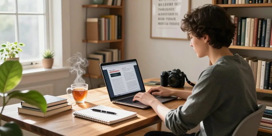 Creating quality and authority blogs in a cozy home office setup with warm lighting and creative elements.
