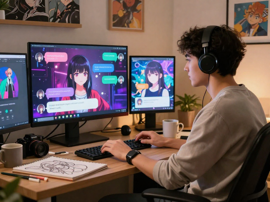 User enjoying hentai AI chat experience in a cozy home office