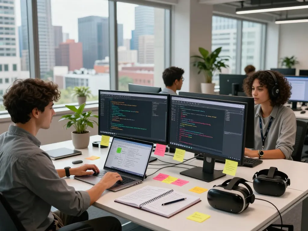 Professional workspace showcasing AI development tools and team collaboration in vibrant setting with image to prompt ai concept.