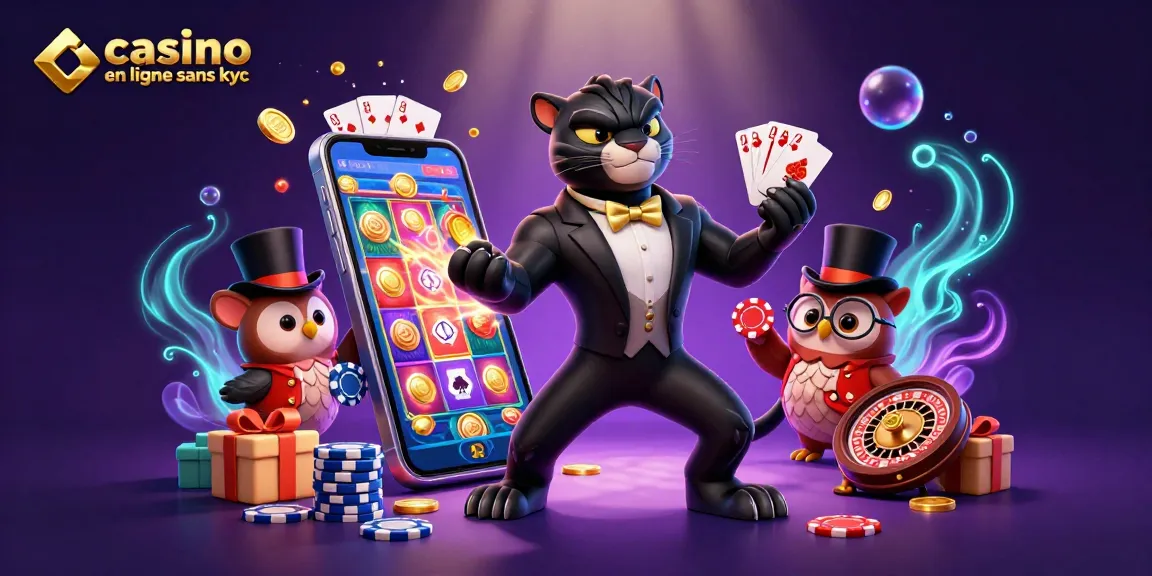 Jouer sur un casino en ligne sans KYC avec une panthère élégante au jeu de cartes, entourée de pièces et de jetons.