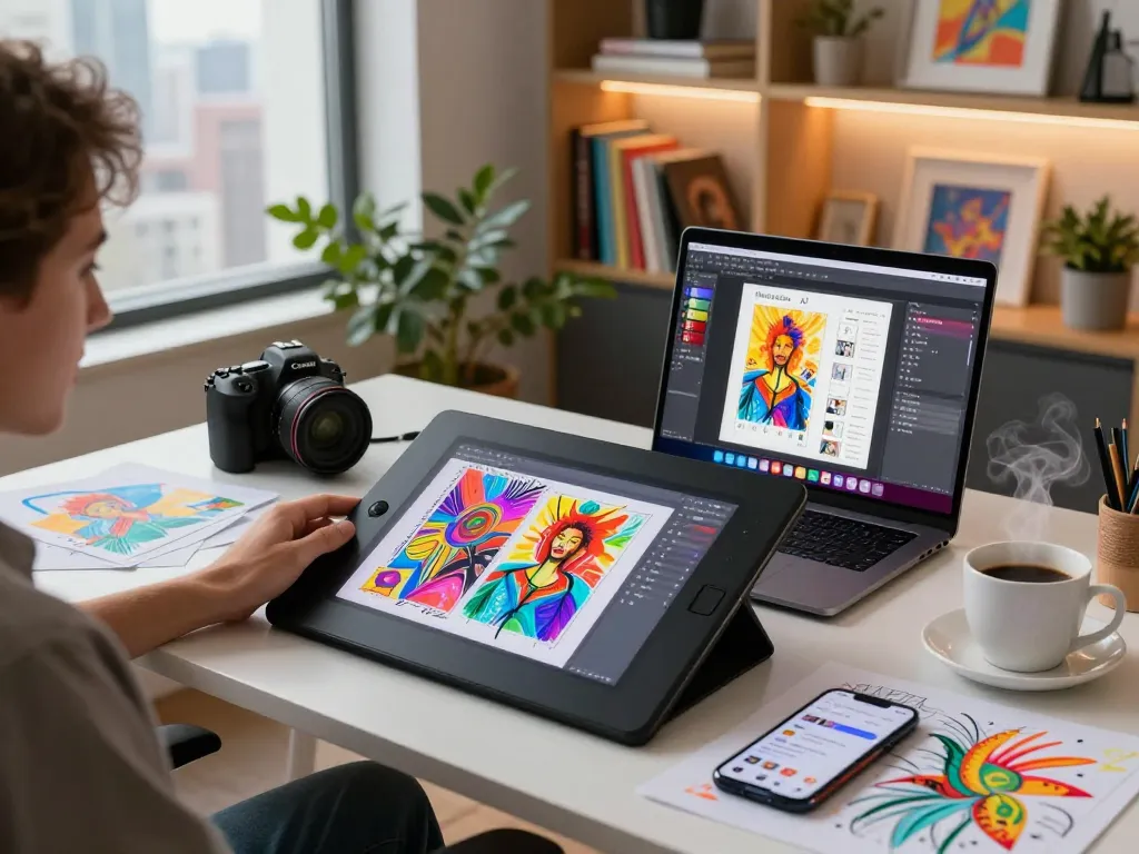 Artist uses nano banana pro AI image editor in a vibrant creative workspace.