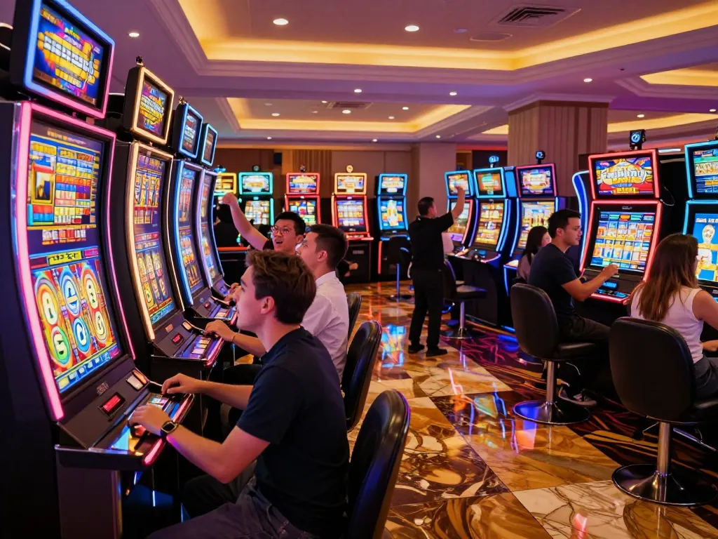 Players enjoying slot gacor hari ini at an exciting casino, vibrant machines illuminating the atmosphere.