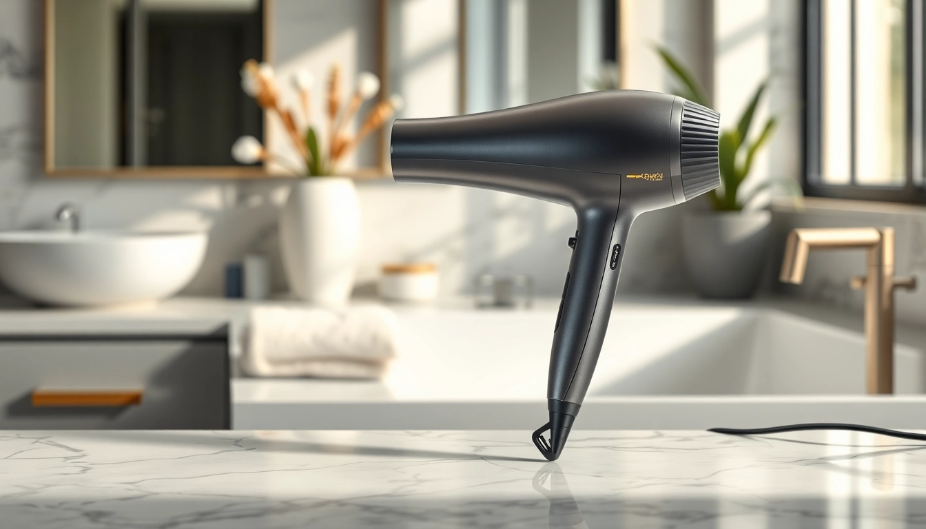 Model using a hair dryer for fine hair, showcasing its unique features and design.