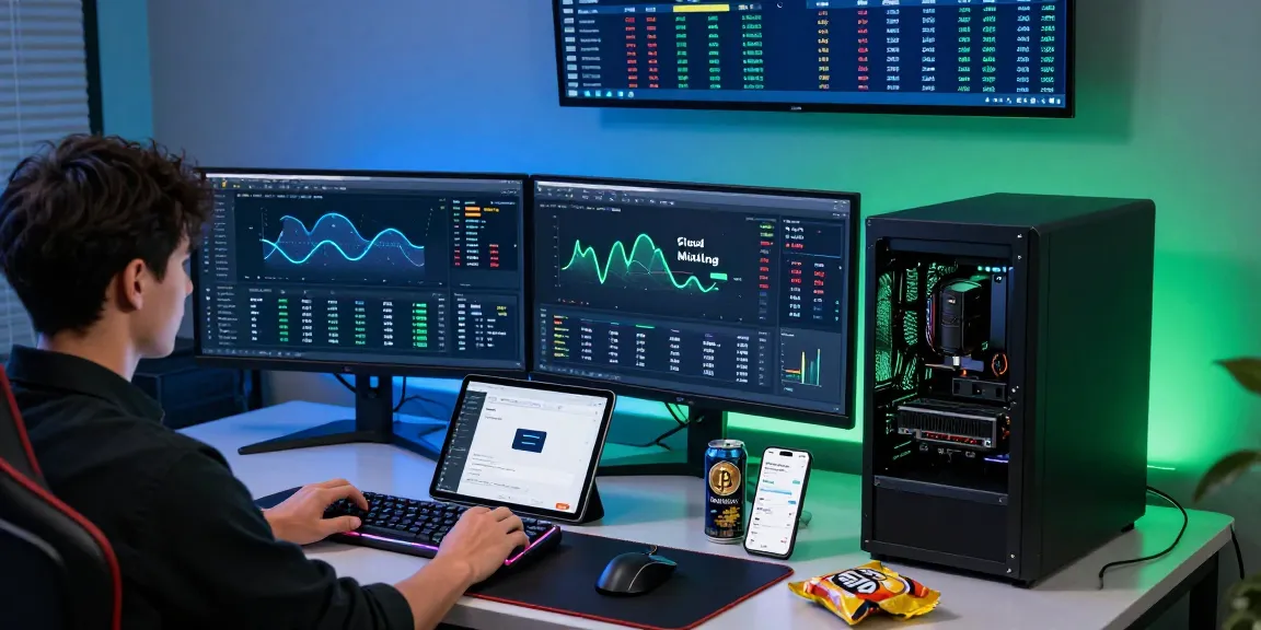 Profitable cloud mining platform analysis setup with real-time cryptocurrency mining metrics and digital trading displays.
