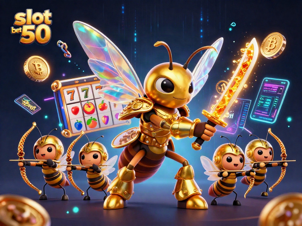 Engage with slot bet 50 as a 3D hornet samurai battles amidst slot reels and crypto elements.