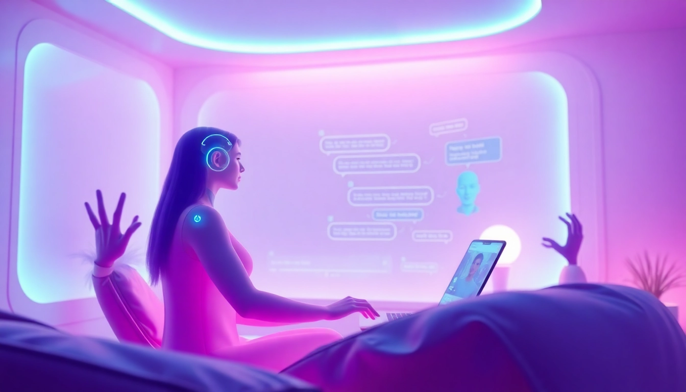Engaging visual of sex AI chat technology with futuristic digital interface and friendly AI avatar.