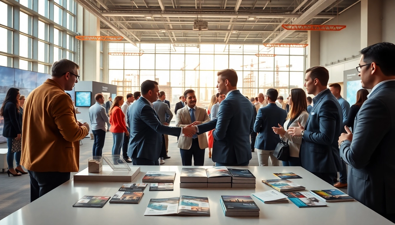 Engaged professionals discuss construction networking events in a bright modern venue.