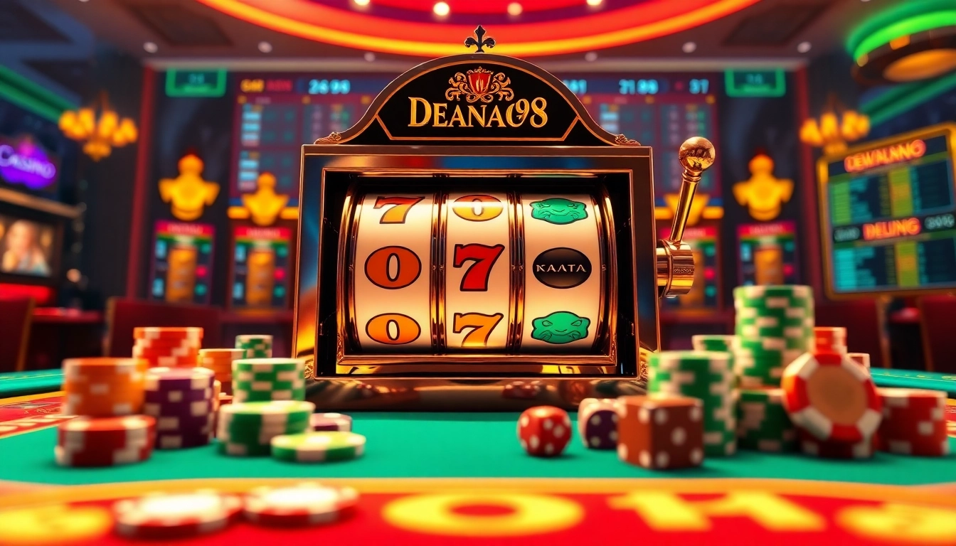 Menang pada mesin slot DEWANAGA89 yang penuh warna, dikelilingi perlengkapan judi yang beraneka warna.