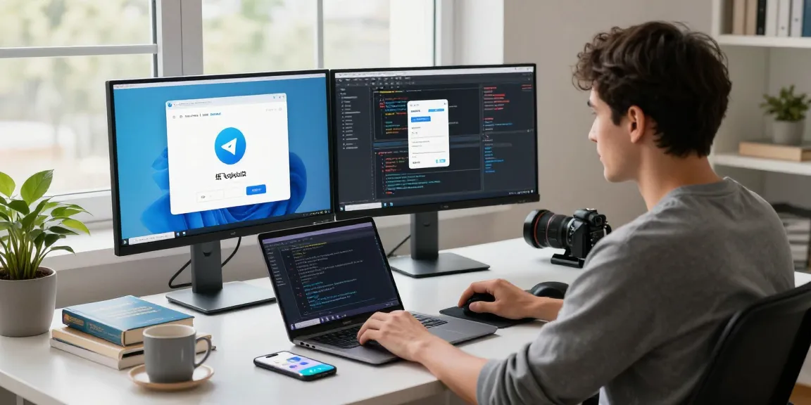 Developer using 纸飞机中文版 on dual monitors in a modern tech workspace, showcasing a productive atmosphere.