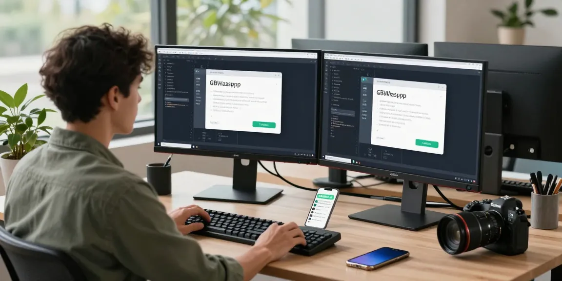 Developer showcasing GBWhatsApp features on dual monitors in a bright workspace.
