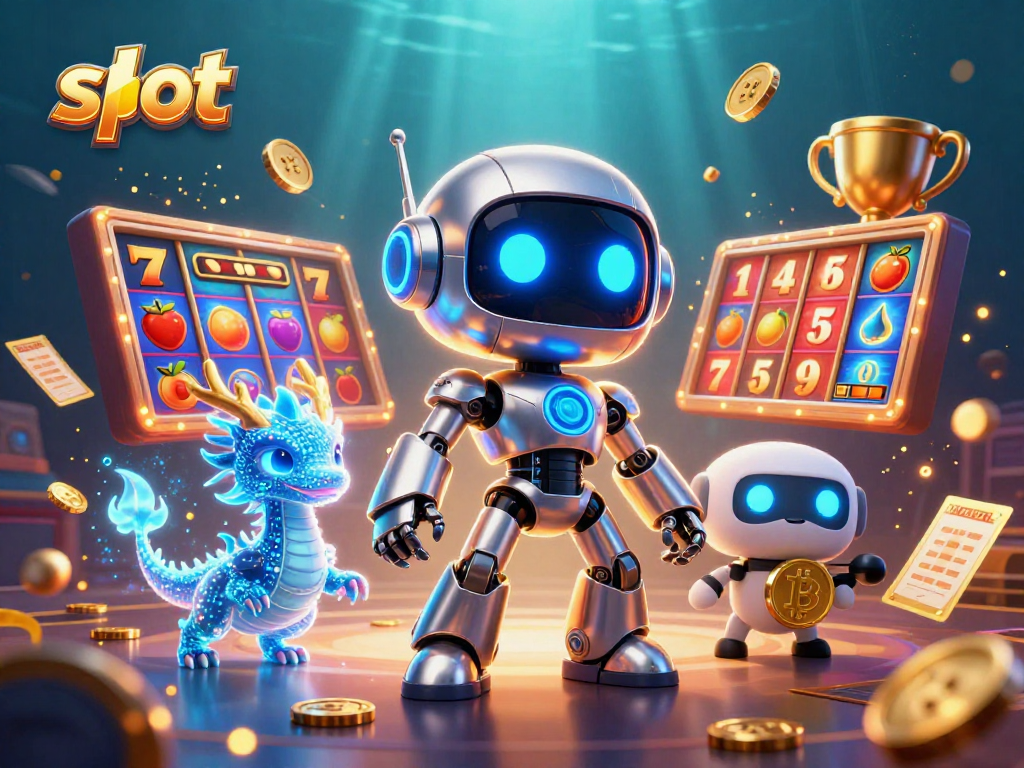 Experience the excitement of slot games with vibrant illustrations featuring neon visuals and dynamic characters.