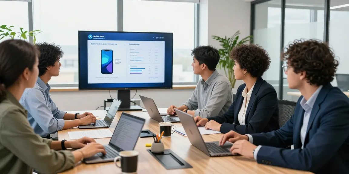 Exploring business mobile deals UK with a diverse team in a modern office.