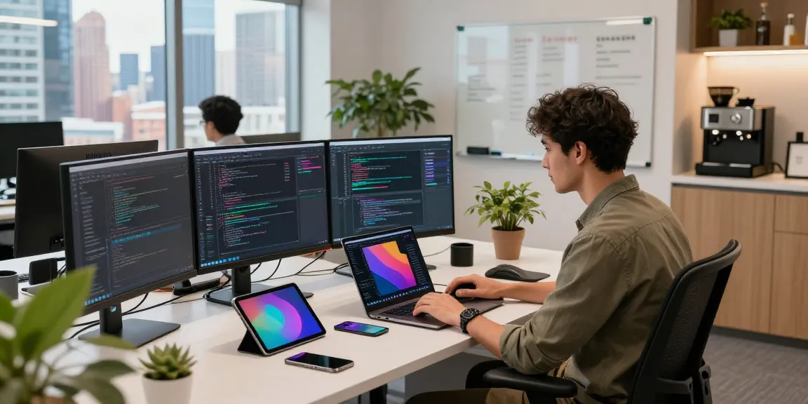 Developer coding telegram中文版 messaging software in a modern office workspace