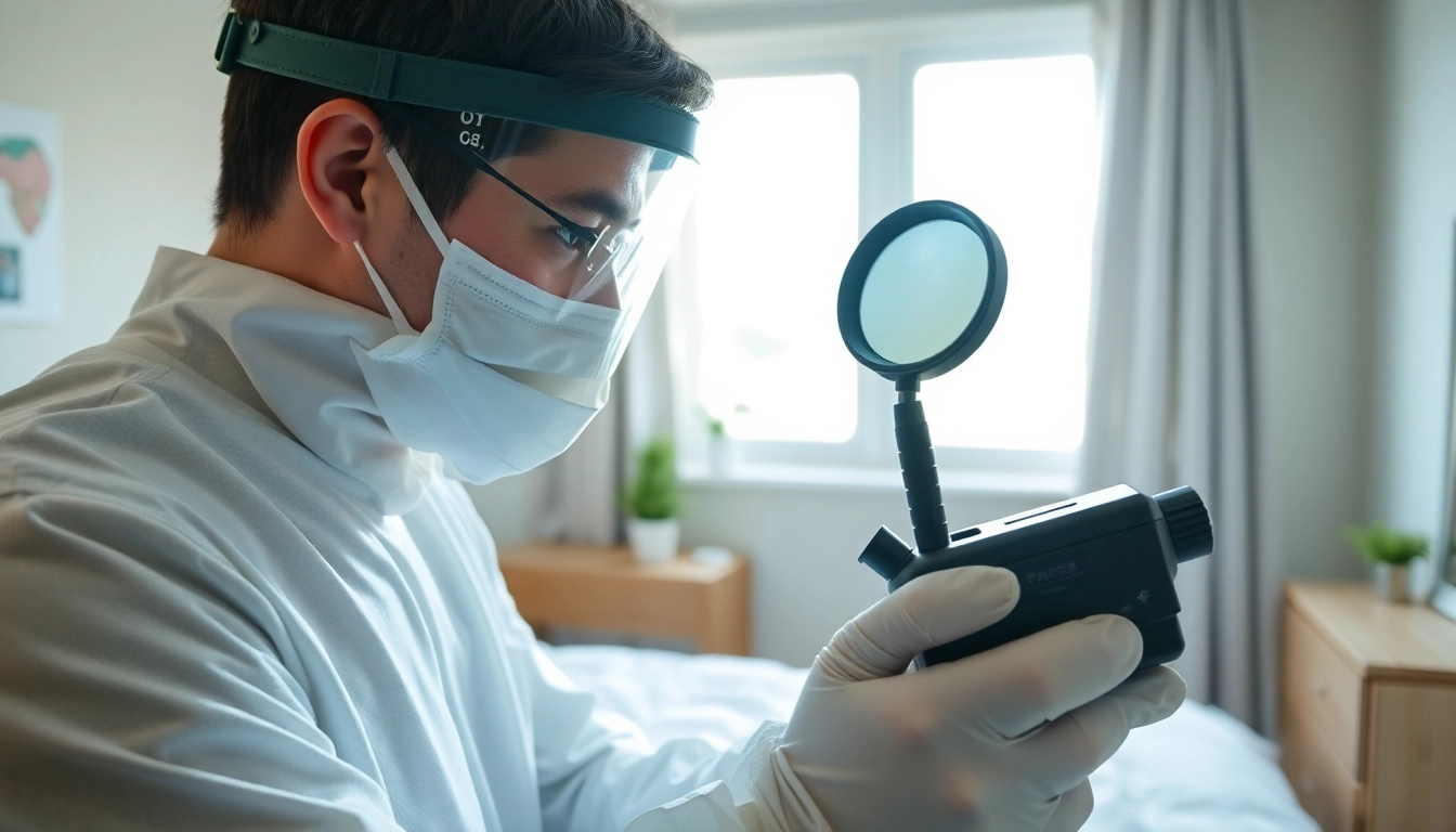 Bedbugs exterminator near me assessing a bedroom for bed bug signs with professional tools.