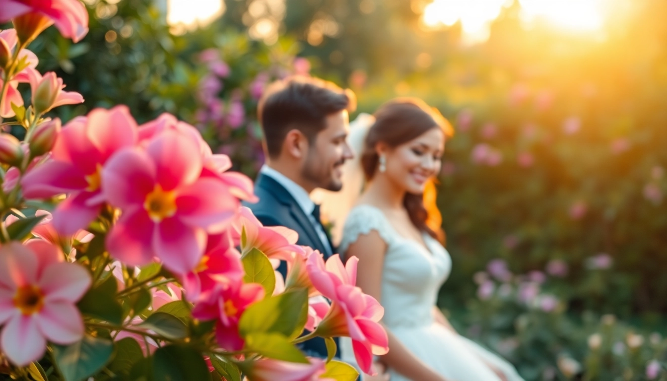 Beautiful wedding photography of a couple in a lush garden, radiating love and joy.