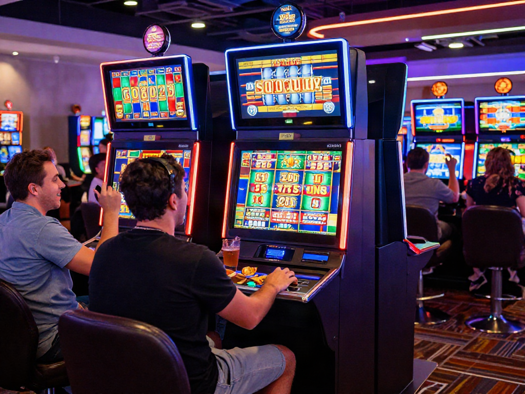 Exciting casino scene showcasing a player activating a slot bonus feature at a vibrant gaming machine.
