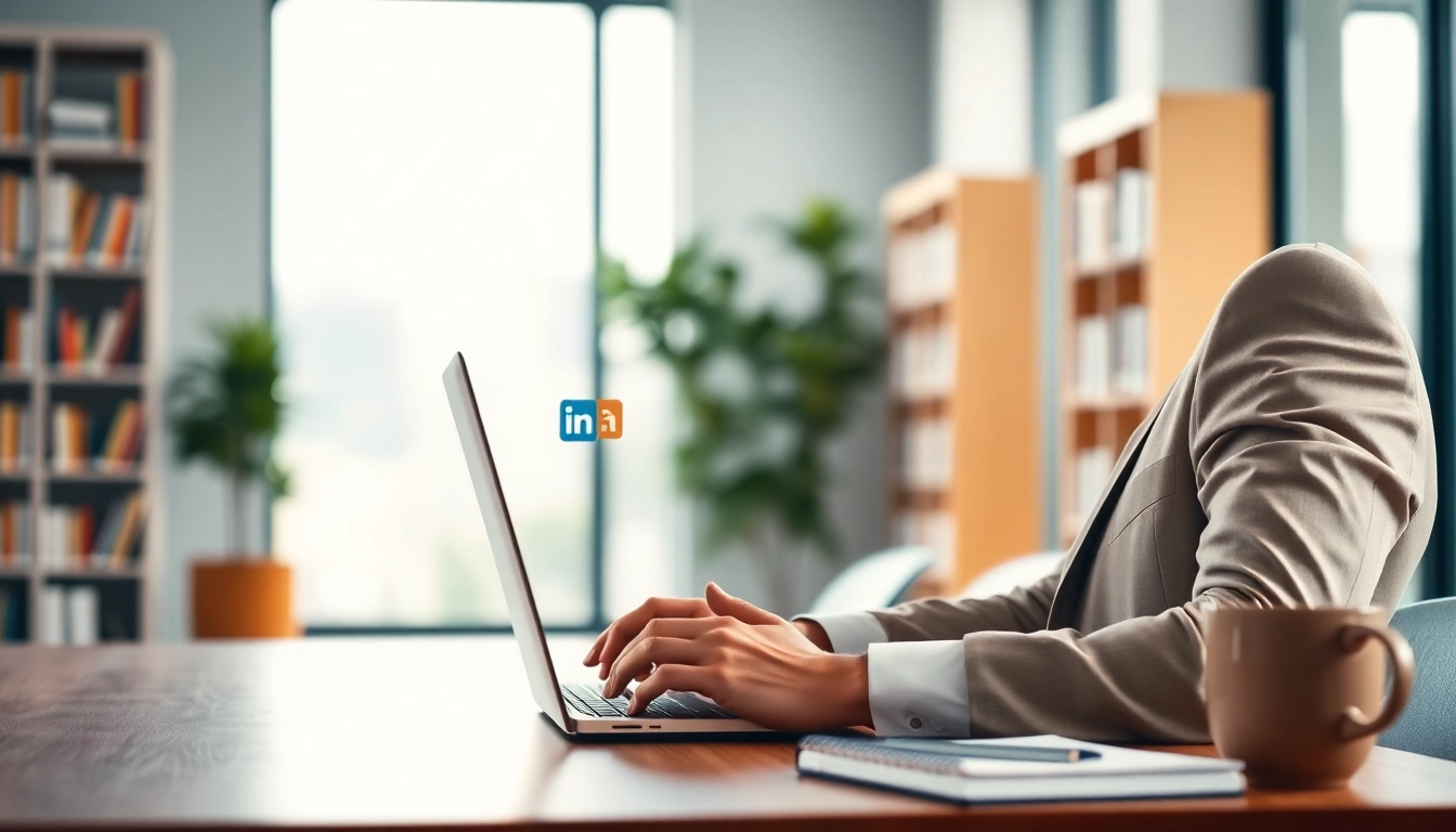 Find verified emails from LinkedIn using a laptop in a modern professional workspace.
