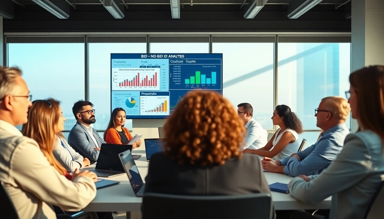 Engaging Bid-No-Bid Analysis discussion in a bright conference room with diverse professionals.