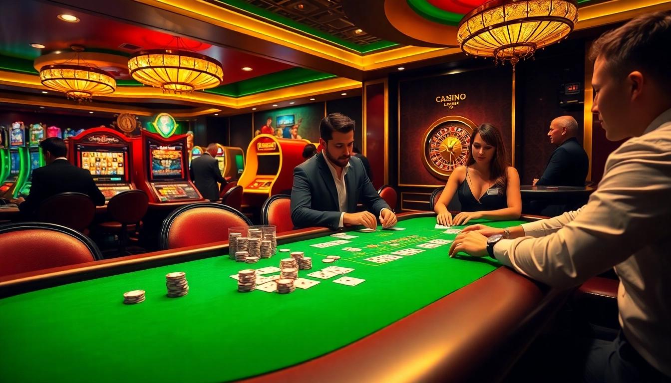 Découvrez l'excitation d'un casino fiable en ligne avec des jetons de poker vibrants et des joueurs engagés autour d'une table luxueuse.