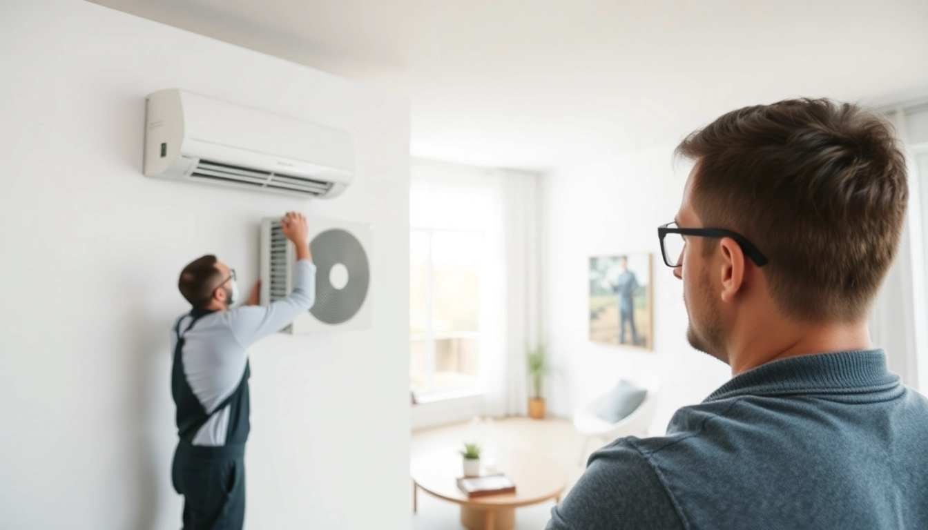 Technician performing ductless mini-split installation in a stylish living room, emphasizing precision and professionalism.