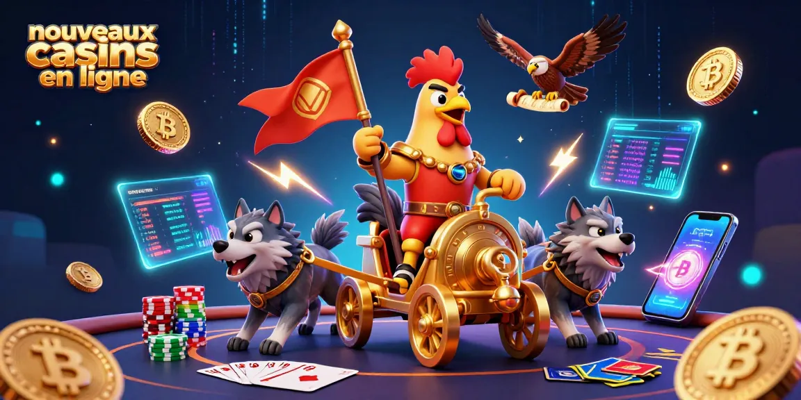 Illustration dynamique de nouveaux casinos en ligne avec un coq guerrier et des éléments de poker.