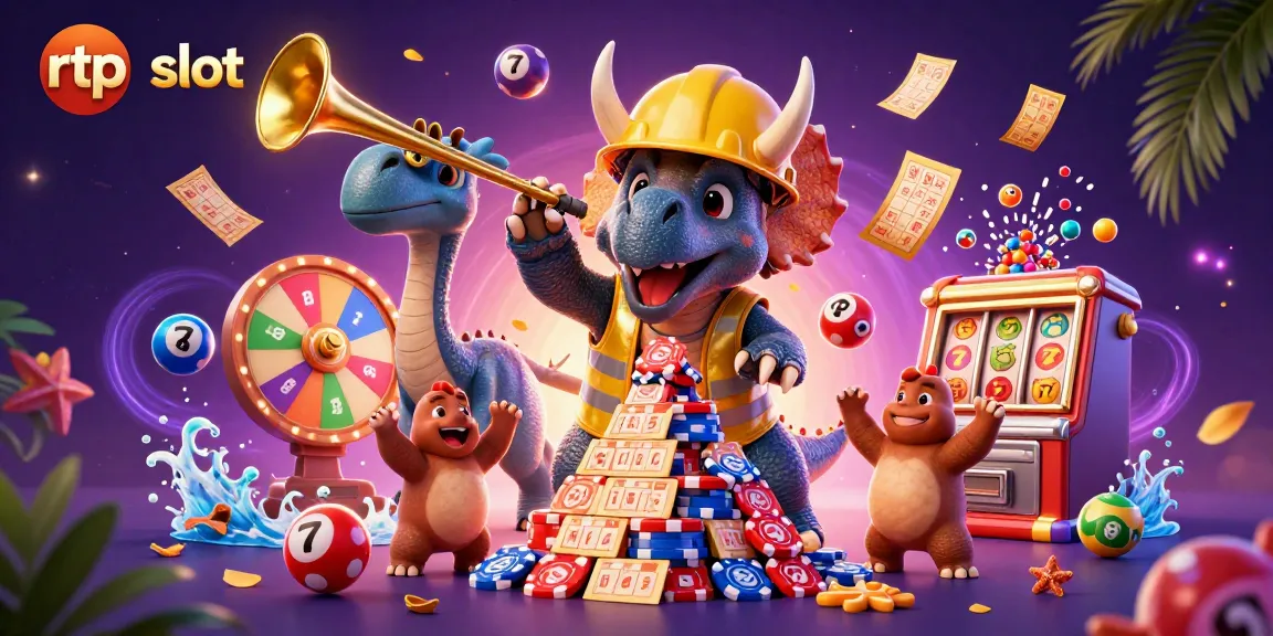 Engaging 3D casino scene highlighting rtp slot themes with triceratops building poker stacks amid vibrant gaming elements.
