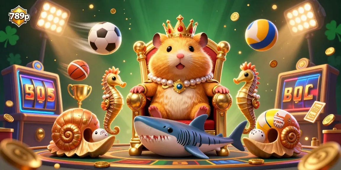 Engage in thrilling fun at 789p with a vibrant casino scene showcasing a golden hamster king and dynamic gaming elements.