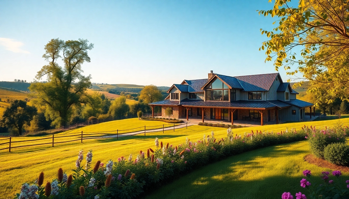 Stunning Winding River Farmhouse New Build surrounded by nature, emphasizing its rustic-modern charm.