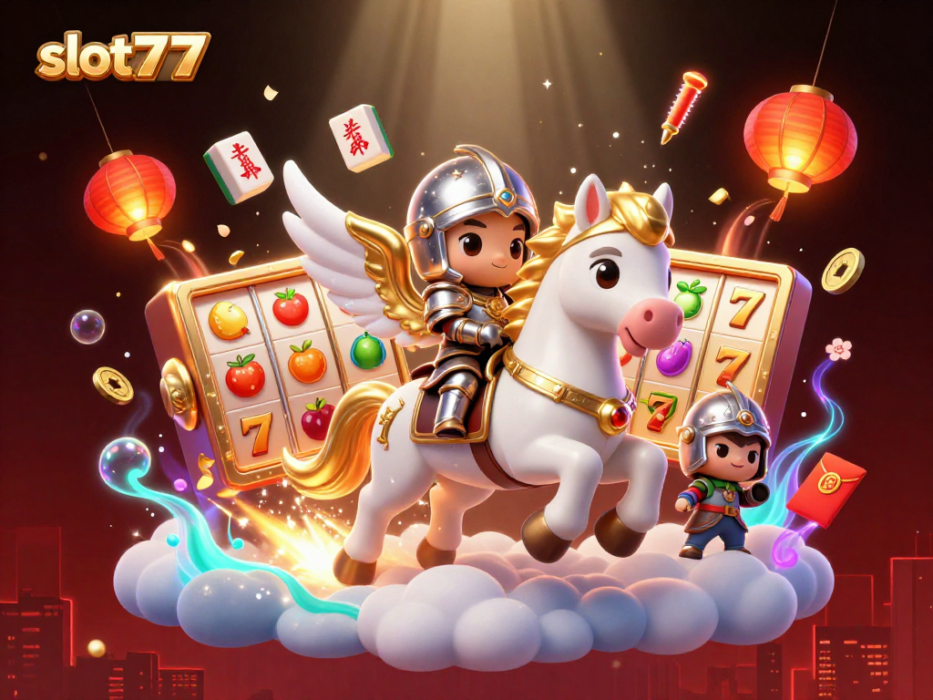 Experience thrilling slot777 gameplay with a 3D illustration of lucky symbols and characters in a vibrant casino setting.
