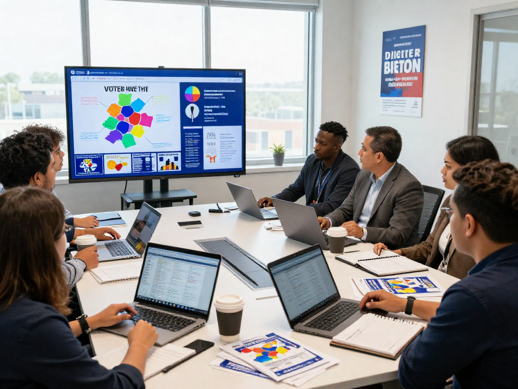 Engaged team analyzing political direct mail services data in a vibrant campaign strategy meeting.