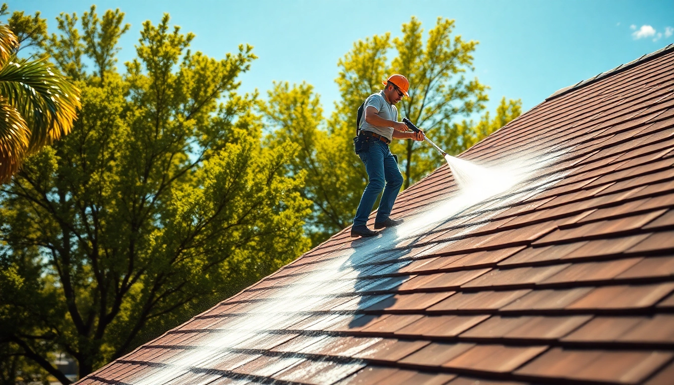 Roof cleaning service using eco-friendly methods on a residential home.