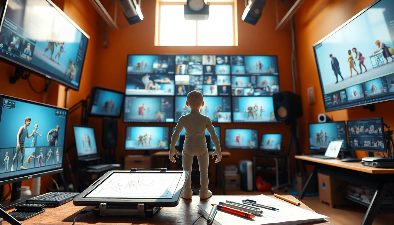 3D Animation design process showcasing tools and character models in a vibrant studio.