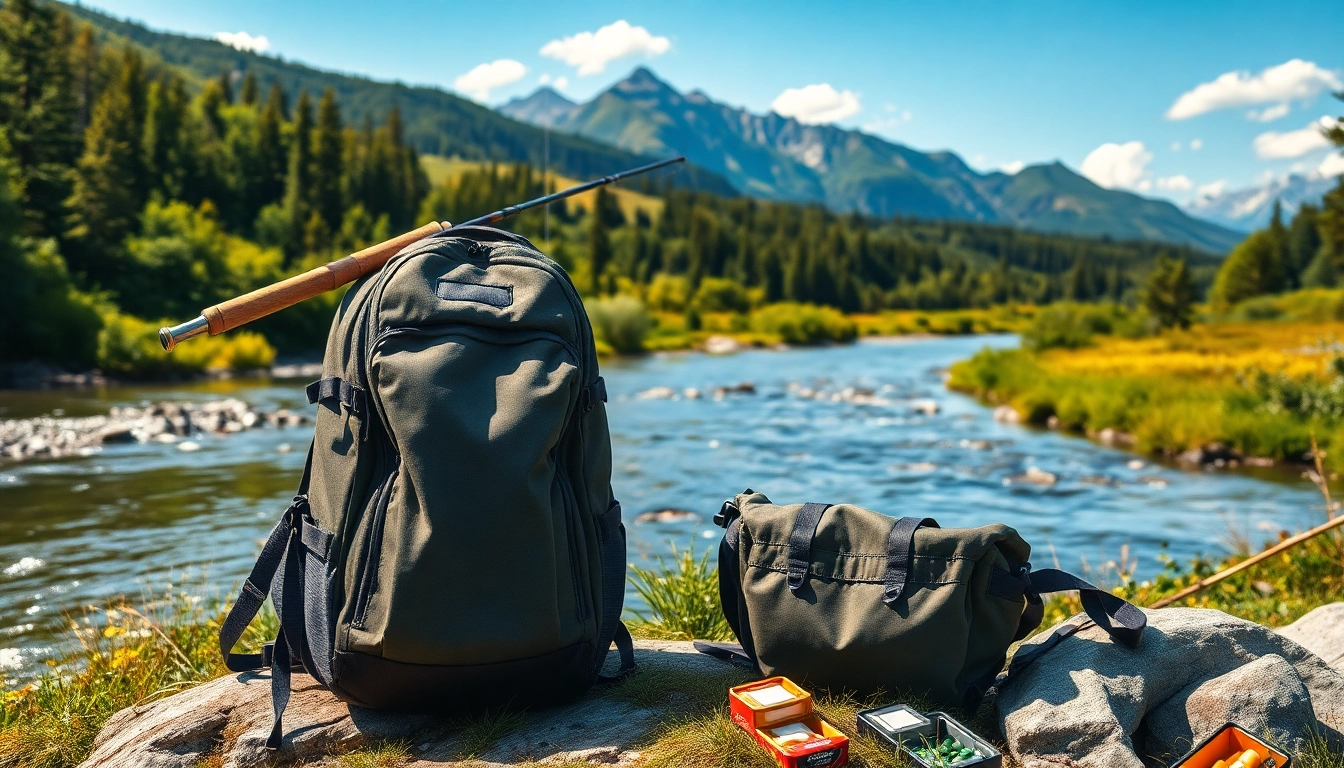Fly fishing backpack displayed in a serene outdoor setting, showcasing durability and adventure.