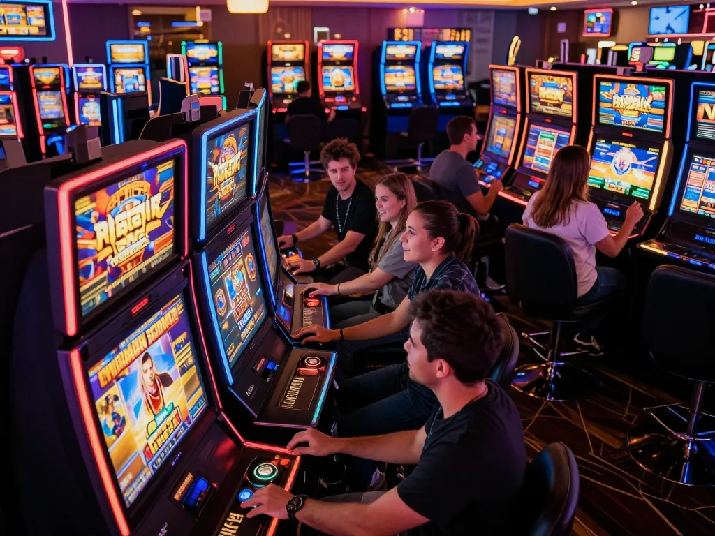 Engaged players celebrate wins while enjoying slot online games in a vibrant casino atmosphere.
