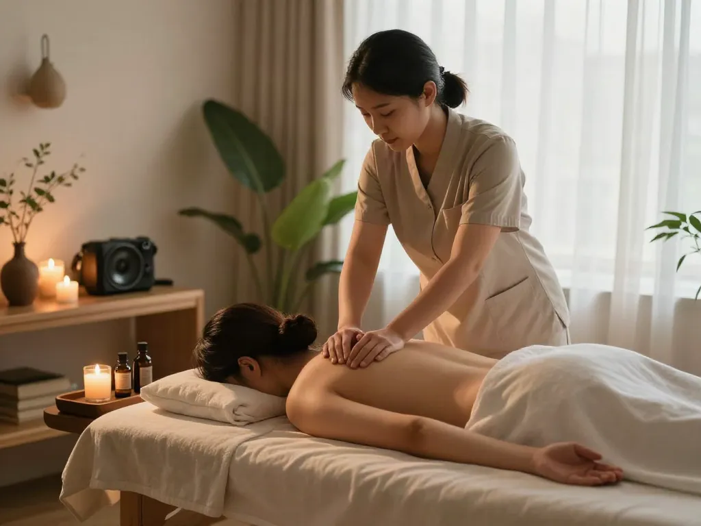 방이동출장마사지 session in a tranquil home setting with soothing candles and essential oils.