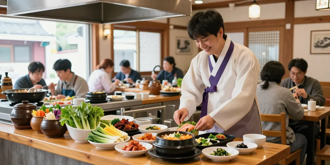 Authentic dining scene at 상봉동 한국관 with chef preparing Korean cuisine.