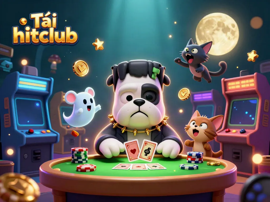 Play exciting card games with Tải hitclub featuring a Frankenstein bulldog monster amidst dynamic game elements.