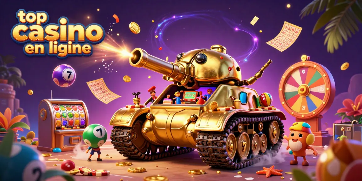Une scène dynamique de jeux de casino en ligne avec un tank scarabée doré et des éléments de loterie, le tout représentant le top casino en ligne.