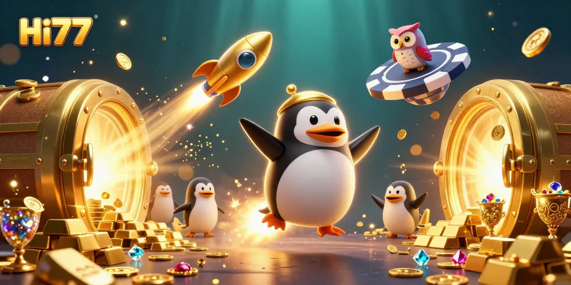 Experience the excitement of Hi77 casino with a thrilling golden penguin blasting through space.