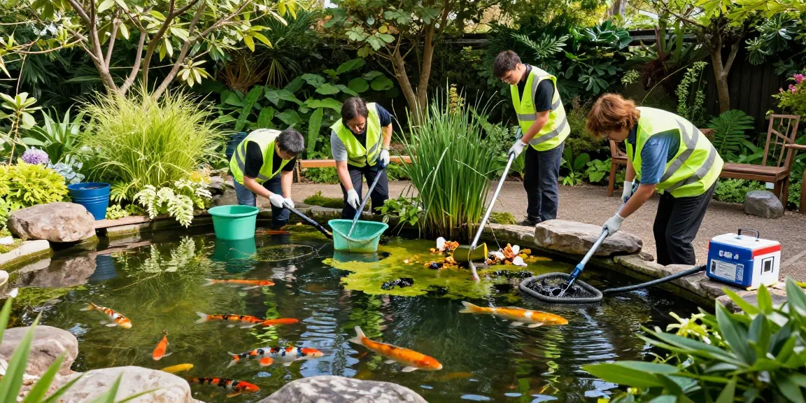 Pond Cleaning Kent professionals removing debris from a serene backyard pond in Kent, showcasing expert maintenance.