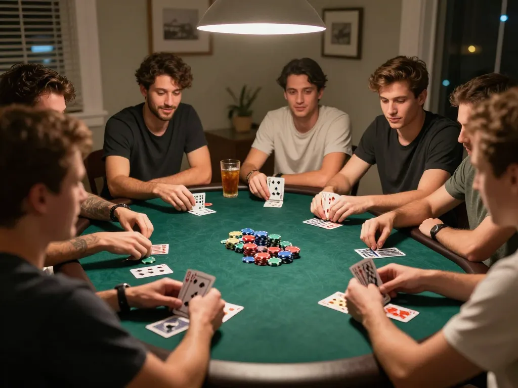 Engaging scene of friends playing poker at home with vibrant poker chips, showcasing casino senza licenza adm experience.