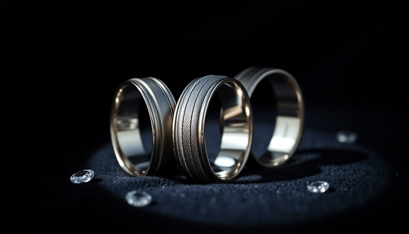 Showcasing tungsten rings with intricate designs on a velvet background, depicting elegance and craftsmanship.