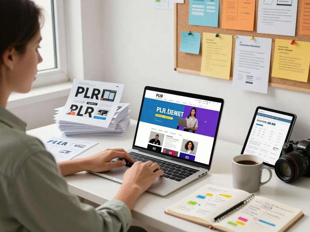 Purchase PLR Content in an inspiring e-commerce workspace with a laptop, marketing tools, and vibrant product mockups.