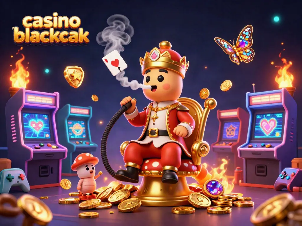 Juego de casino blackjack con estilo vibrante y un maestro en un trono de oro, rodeado de detalles dinámicos.