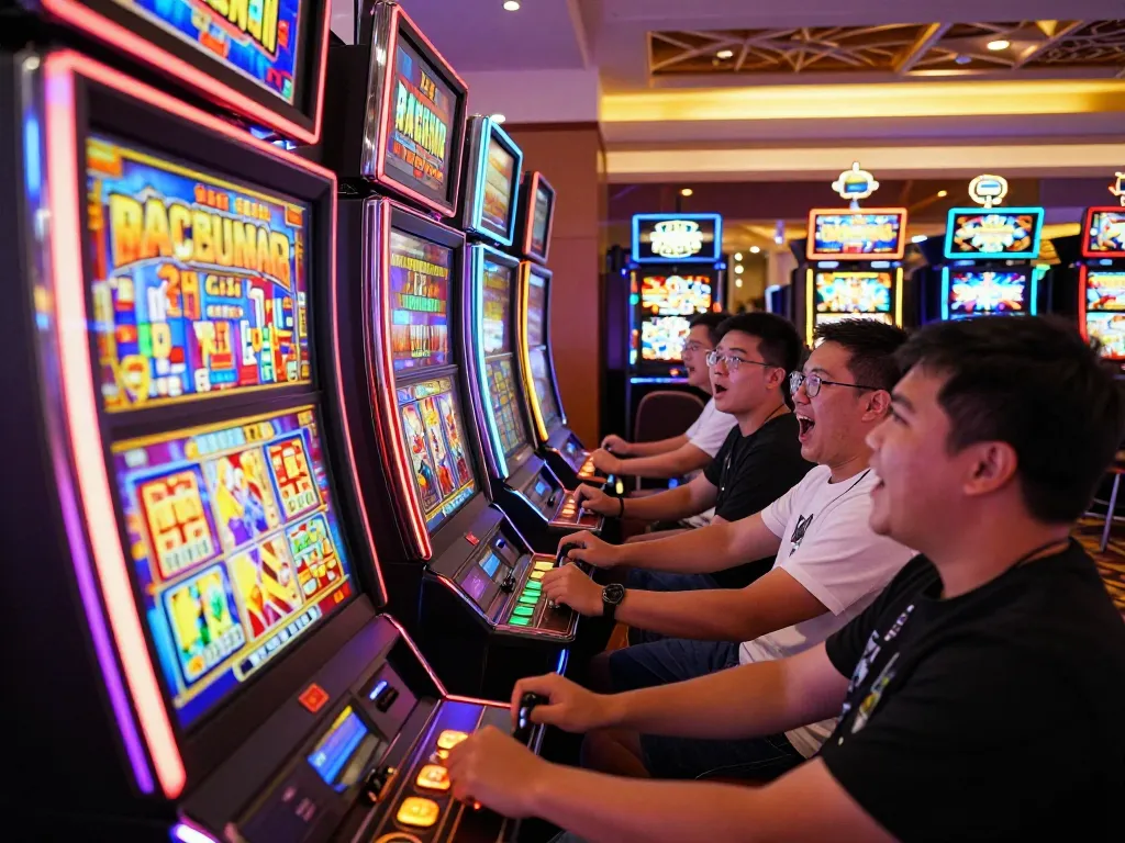 Players enjoying slot gacor games with excitement in a colorful casino environment