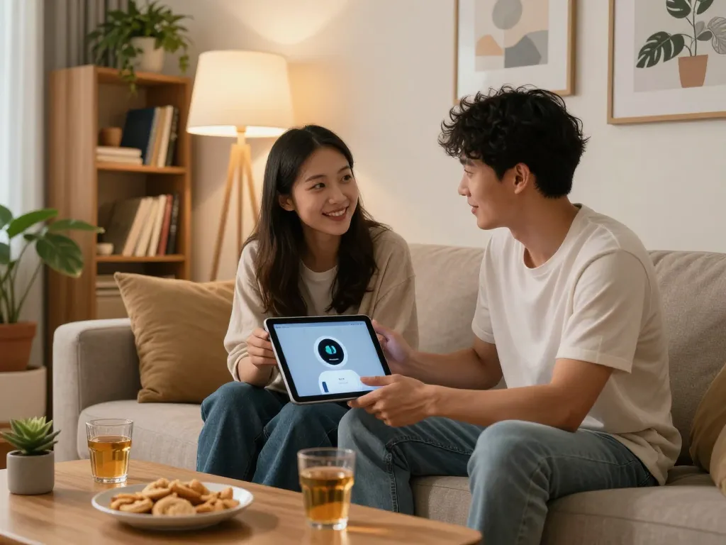Interactive conversation with an AI +18 in a cozy living room setting, showcasing modern human-AI interaction.